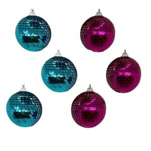 New in Box Sequin Ball Christmas Ornaments Set/6 Purple and Turquoise